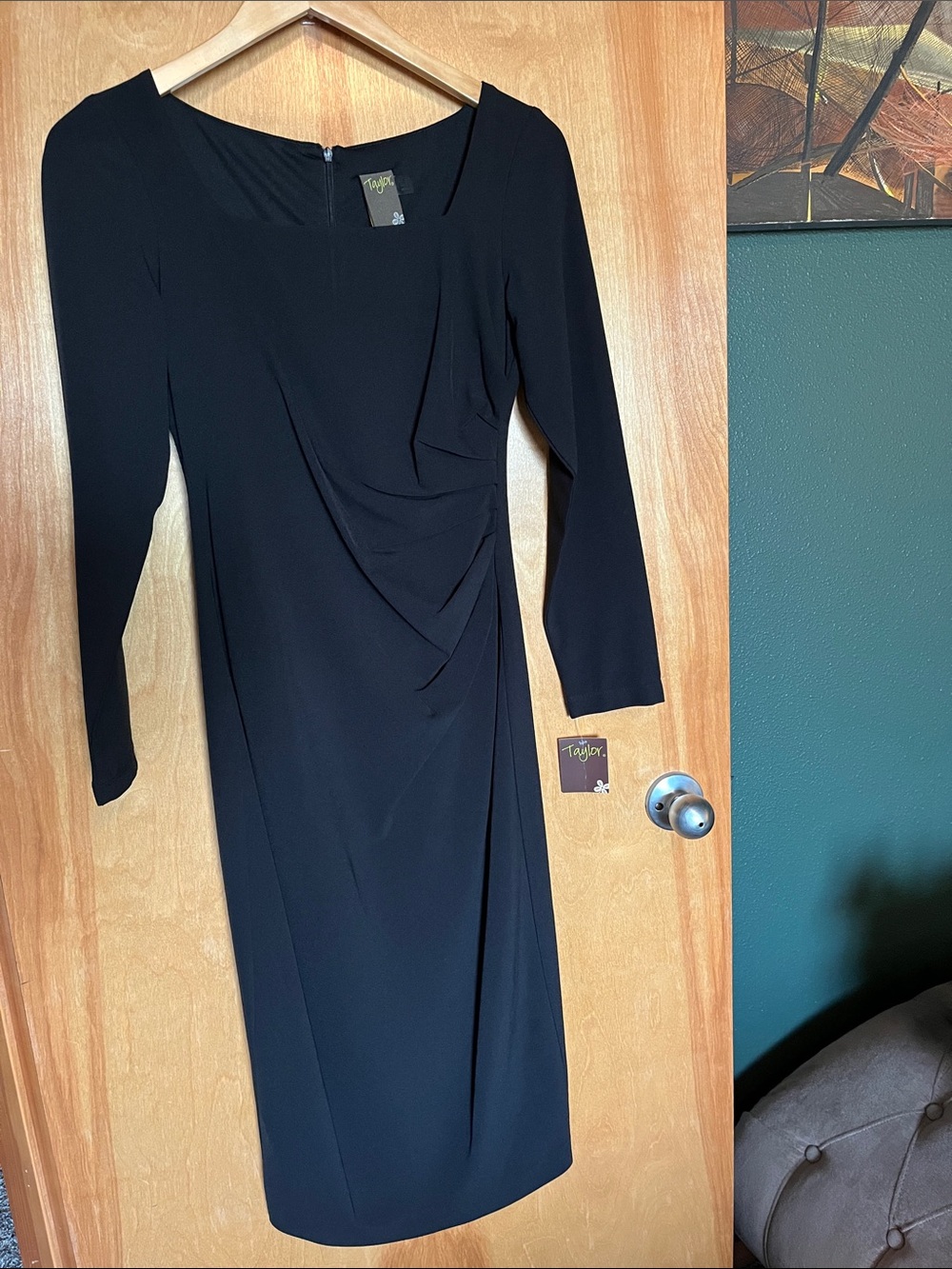 Taylor Black Long Sleeve Draped Sheath Midi Dress
